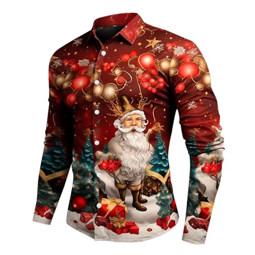 Weihnachtshemd Herren Ugly 3D Lustig Christmas Print Hemden Weihnachten Hässliche Langarm Button Up Funky Klassisch Regular Fit Freizeithemd Weihnachtskostüm Motive Top von Generisch
