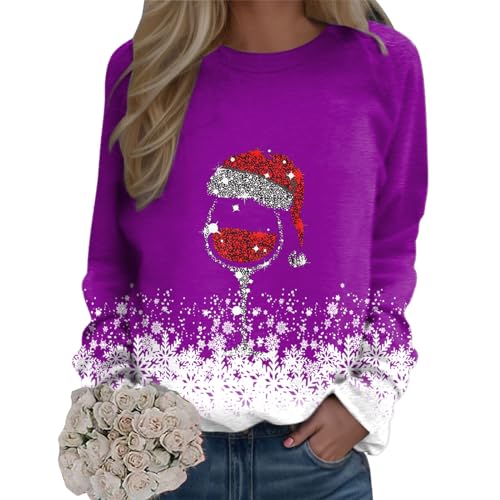 Generisch Weihnachtspullover Damen Lustig Weinglas Gedruckt Muster Christmas Sweater Casual Lose Langarmshirt Weihnachtsdruck Xmas Pulli Frauen Jumper Bluse Tops Longshirt Rot XXL von Generisch