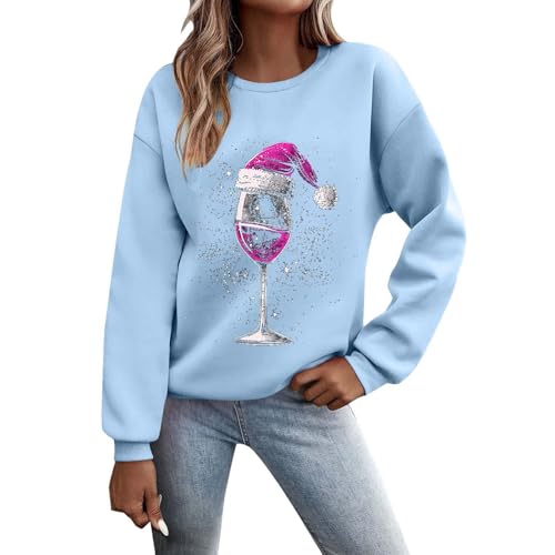 Weihnachtspullover Damen Sweatshirt Lustig Weinglas Gedruckt Muster Druck Rundhals Langarm Casual Christmas Sweat Oberteile Xmas Pulli Frauen mit Fleece gefüttert Tops von Generisch