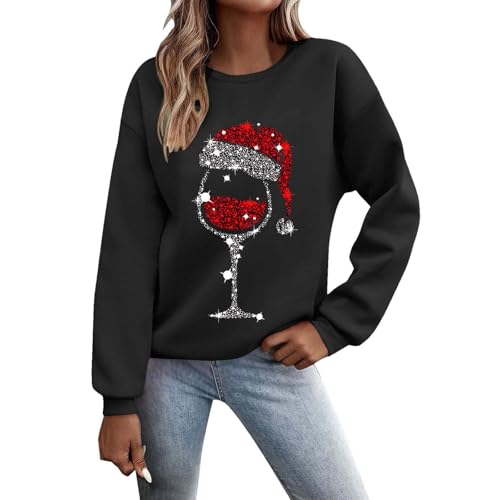 Weihnachtspullover Damen Sweatshirt Lustig Weinglas Gedruckt Muster Druck Rundhals Langarm Casual Christmas Sweat Oberteile Xmas Pulli Frauen mit Fleece gefüttert Tops von Generisch