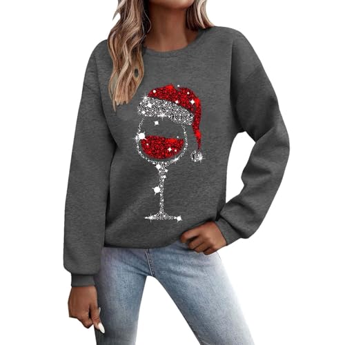 Weihnachtspullover Damen Sweatshirt Lustig Weinglas Gedruckt Muster Druck Rundhals Langarm Casual Christmas Sweat Oberteile Xmas Pulli Frauen mit Fleece gefüttert Tops von Generisch