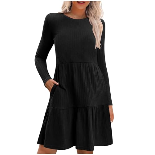 Black Friday Angebote 2024 AB Wann Datum Strickkleid Damen Winter Knielang Pulloverkleid Elegant Herbstkleid mit Taschen A-Linie Einfarbig Winterkleid Stretch Langarm Minikleid Patchwork von Generisch