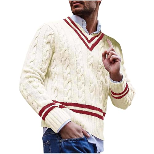 Black Friday Angebote 2024 AB Wann Datum Strickpullover Herren Winter Farbabstimmung Pullover Langarm V-Ausschnitt Sweater Warm Grobstrick Sweatshirt Freizeit Stretch Strickpulli Weich Bequem von Generisch