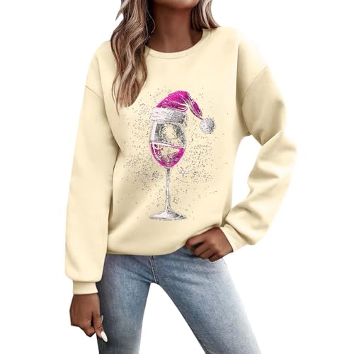 Weihnachtspullover Damen Sweatshirt Lustig Weinglas Gedruckt Muster Druck Rundhals Langarm Casual Christmas Sweat Oberteile Xmas Pulli Frauen mit Fleece gefüttert Tops von Generisch