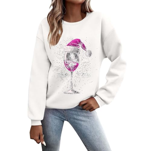 Weihnachtspullover Damen Sweatshirt Lustig Weinglas Gedruckt Muster Druck Rundhals Langarm Casual Christmas Sweat Oberteile Xmas Pulli Frauen mit Fleece gefüttert Tops von Generisch