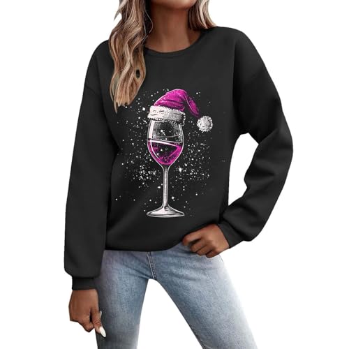Weihnachtspullover Damen Sweatshirt Lustig Weinglas Gedruckt Muster Druck Rundhals Langarm Casual Christmas Sweat Oberteile Xmas Pulli Frauen mit Fleece gefüttert Tops von Generisch