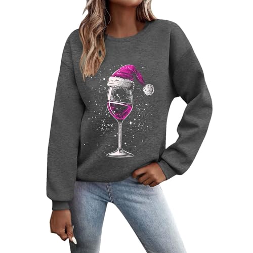Weihnachtspullover Damen Sweatshirt Lustig Weinglas Gedruckt Muster Druck Rundhals Langarm Casual Christmas Sweat Oberteile Xmas Pulli Frauen mit Fleece gefüttert Tops von Generisch