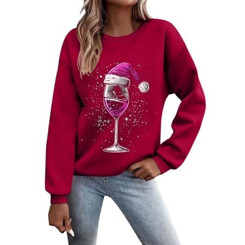 Weihnachtspullover Damen Sweatshirt Lustig Weinglas Gedruckt Muster Druck Rundhals Langarm Casual Christmas Sweat Oberteile Xmas Pulli Frauen mit Fleece gefüttert Tops von Generisch