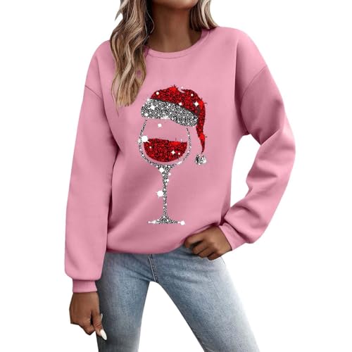 Weihnachtspullover Damen Sweatshirt Lustig Weinglas Gedruckt Muster Druck Rundhals Langarm Casual Christmas Sweat Oberteile Xmas Pulli Frauen mit Fleece gefüttert Tops von Generisch