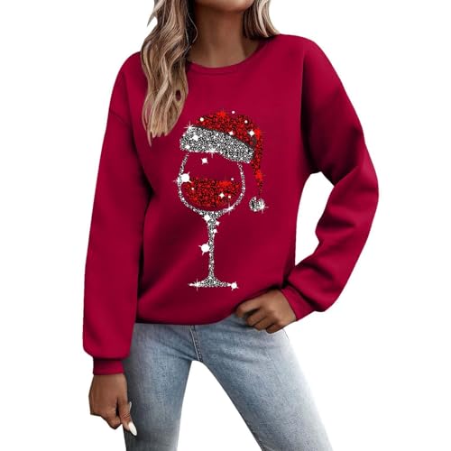Weihnachtspullover Damen Sweatshirt Lustig Weinglas Gedruckt Muster Druck Rundhals Langarm Casual Christmas Sweat Oberteile Xmas Pulli Frauen mit Fleece gefüttert Tops von Generisch