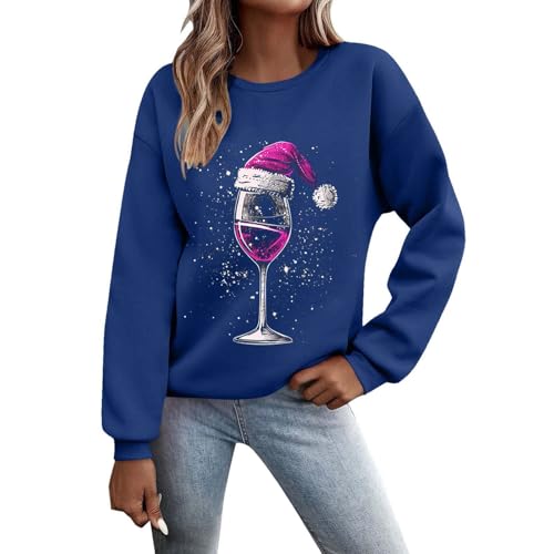 Weihnachtspullover Damen Sweatshirt Lustig Weinglas Gedruckt Muster Druck Rundhals Langarm Casual Christmas Sweat Oberteile Xmas Pulli Frauen mit Fleece gefüttert Tops von Generisch