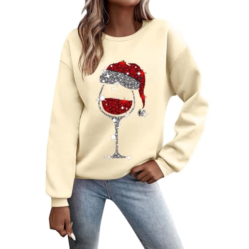 Weihnachtspullover Damen Sweatshirt Lustig Weinglas Gedruckt Muster Druck Rundhals Langarm Casual Christmas Sweat Oberteile Xmas Pulli Frauen mit Fleece gefüttert Tops von Generisch