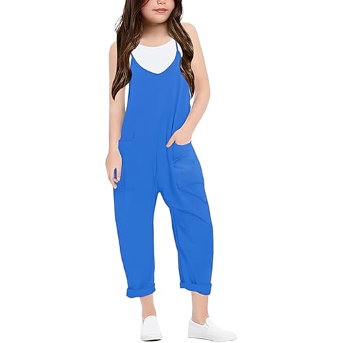 Blau Latzhose Kinder Mädchen 110 Einfarbig Overall Sommer Jumpsuit Lang Weites Bein Trägerhose Lässige Strampler Ärmellos Romper V-Ausschnitt Sommeroveralls Freizeithose Playsuit Mit Taschen von Generisch