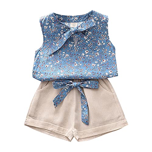 Blau Sommer Outfits Mädchen 128 Baumwolle 2 Teiler Freizeitanzug Kurze Paperbag Hose Und Top Blumenmuster Casual 2 Piece Set Ärmelloses Kinderkleidung Lässige Strandoutfit Freizeit Hosenanzug von Generisch