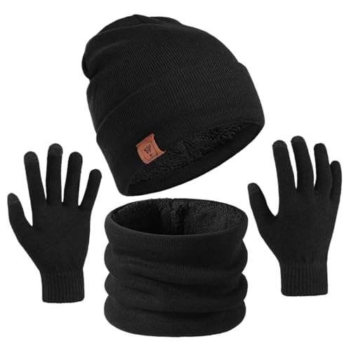 Blaue Mütze Damen Set Damen & Herren Herbst Winter Warm Niedlich Wollmütze Schal Handschuhe Slouchy Dreiteiliges Winter Schnee Strickmütze Screen Fäustlinge Schal Sets Mützen Herren (Black, One Size) von Generisch