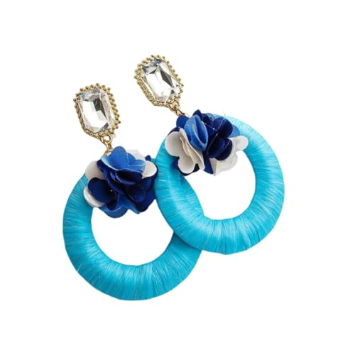 Blaue Runde Raffia Ohrhänger für Damen – Handgefertigte Gewebte Boho Blumen Ohrstecker Im Retro Stil, Tropischer Urlaubsschmuck für Den Sommerstrand von Generisch
