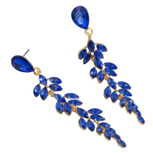 Blaue Strass Blatt Ohrhänger, Boho Stil, Lange Quasten Ohrstecker, Leichter Statement Schmuck für Hochzeitsfeiern, Brautschmuck für Frauen und Mädchen von Generisch