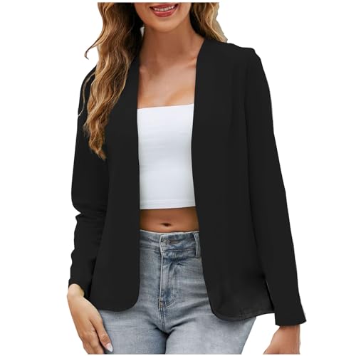 Blazer Damen Bluse mit Taschen Elegant Jacke Einfarbig Anzugjacken Business Oberteile Frauen Dressy Hemdbluse Kostüme Revers Kleidung Sportlich Open Front Jacket Outfit für Die Arbeit Schwarz M von Generisch