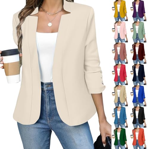 Blazer Damen Elegant Kurz Anzugjacke Damen Beige Strickjacke Casual Blazerjacke Offene Kurze Mantel Langarm Cardigan Einfarbig Bolero Jacke Business Sakko Revers Freizeitjacke Übergangsjacke von Generisch