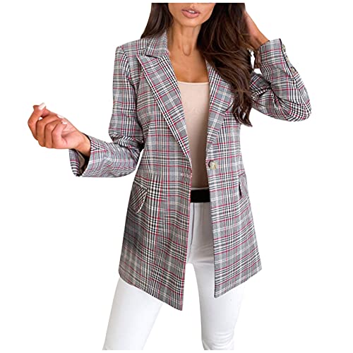 Blazer Damen Lang Tailliert Karierter, Blazer Jacke Damen Elegant Anzugjacke Sportlich Cardigan Business Jacket Revers Anzüge Slim Fit Übergangsjacke Mit Knöpfen Blazerjacken Lässige Sweatblazer von Generisch