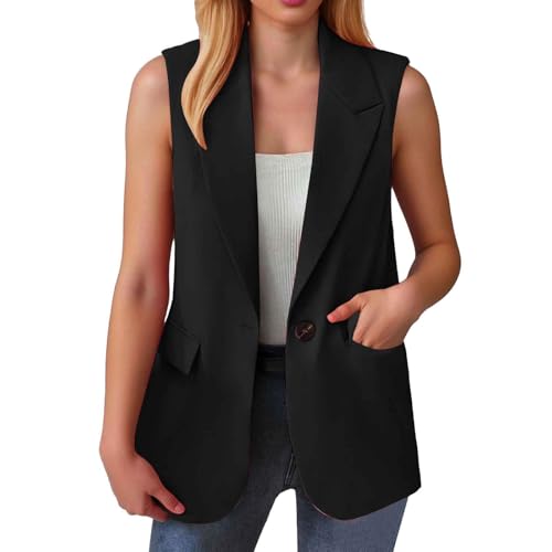 Blazer Damen Sportlich Elegant Ärmellos Weste Einfarbig Anzug Jacke Open Front Longblazer Büro Anzugjacke Knöpfen Leichte Anzugweste Revers Sweatblazer Sakko Freizeit Business Jackett mit Taschen von Generisch