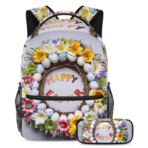 Bleiben Sie modisch mit diesem 2-teiligen Schultaschen-Set, Rucksack mit Federmäppchen, perfekt für Jungen, Mädchen, Teenager, weißer Osterkranz, mehrfarbig, B：29.4x20x40cm P：19x7.5x3.8cm, von Generisch