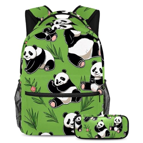 Bleiben Sie organisiert mit Stil, 2-teiliges Kinder-Schulranzen-Set mit Reisebuchtasche und Federmäppchen, niedlicher Panda auf Grün, mehrfarbig, B：29.4x20x40cm P：19x7.5x3.8cm, Tagesrucksäcke von Generisch