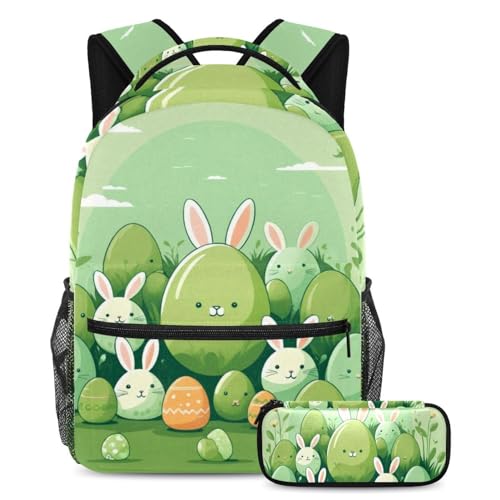 Generisch Bleiben Sie organisiert mit Stil, 2-teiliges Kinder-Schultaschen-Set, Rucksack mit Federmäppchen für Studenten, grünes Osterhasen-Ei, mehrfarbig, B：29.4x20x40cm P：19x7.5x3.8cm, Tagesrucksäcke, sjb-004-qbb-005-2 von Generisch