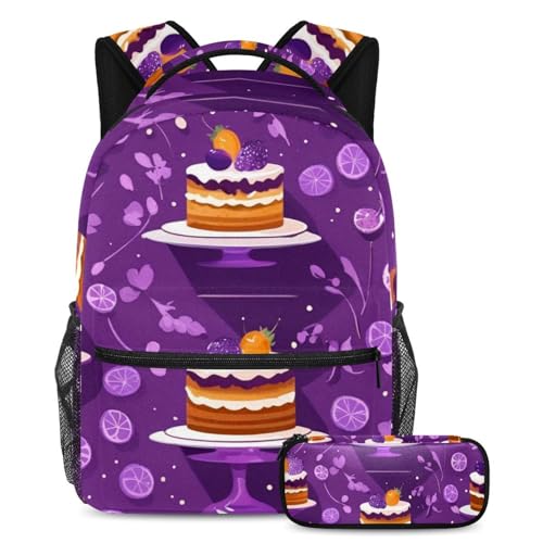 Bleiben Sie trendig und organisiert, Rucksack mit Federmäppchen, stilvolles Schulranzen-Set für Jungen, Mädchen, Teenager, violettes Dessertmuster, mehrfarbig, B：29.4x20x40cm P：19x7.5x3.8cm, von Generisch