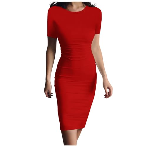 Bleistiftkleid Elegant Lang Midikleid Eng Gerade Geschnitten Sommerkleid Bodycon Kurzarm Sommerkleider Damen Leicht Und Luftig Freizeitkleid Curvy Midi Kleider Rundhals Einfarbig Strandkleid von Generisch