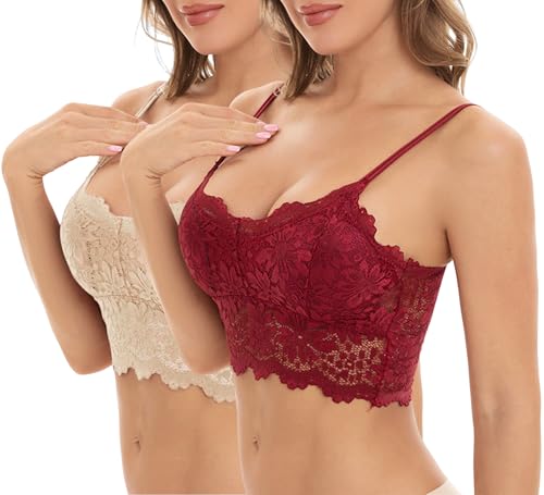 BH Damen ohne Bügel Push up 1/2/3er pack Nahtloser Bralette Bustier Blumen Spitze Damen-Bhs Ultrakomfortable Tshirt BH Baumwolle Crop Top Sport Bralette für Alltag Yoga Fitness Beige Rot S M von Generisch