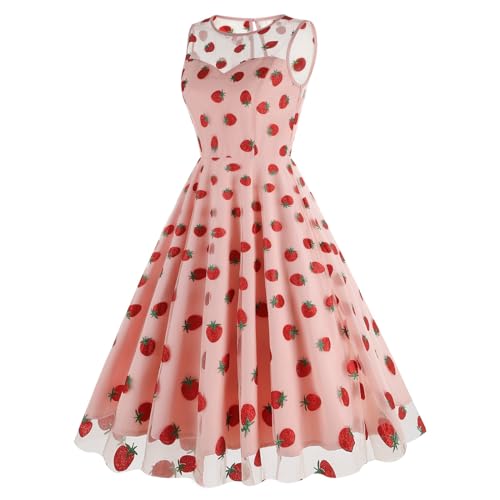 Blitzangebote Strandurlaub Must Haves Damen Kleider Sommer Lang Damen-Retrokleid Im 50Er Stil Mit Rundhalsausschnitt, Ärmellos, Netzstoff, Bestickt, Kirschen Kleid Eng Schwarz Urlaub Must Haves von Generisch
