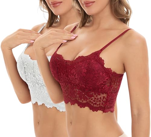 Blitzangebote des Tages BH Damen ohne Bügel Push up 2er Pack Nahtloser Bralette Sexy Bustier Blumen Spitze Damen-BHS Ultrakomfortable Tshirt BH Baumwolle Crop Top Bralette für Alltag Weiß Rot S-M von Generisch