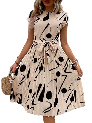 Blumen Kleid Damen Kurzarm Sommerkleider Casual Strand Urlaub Boho Kleid A-Linie Tailliert Plissiert von Generisch