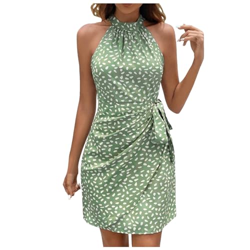 Blumenkleid Damen Kurz Elegant Sommerkleid Neckholder Ärmellos Freizeitkleid mit Gürtel Frauen Kurz Casual Sommerkleider Damen Leicht und Luftig Blumenkleid Sommer Elegant Slim Blümchenkleid von Generisch
