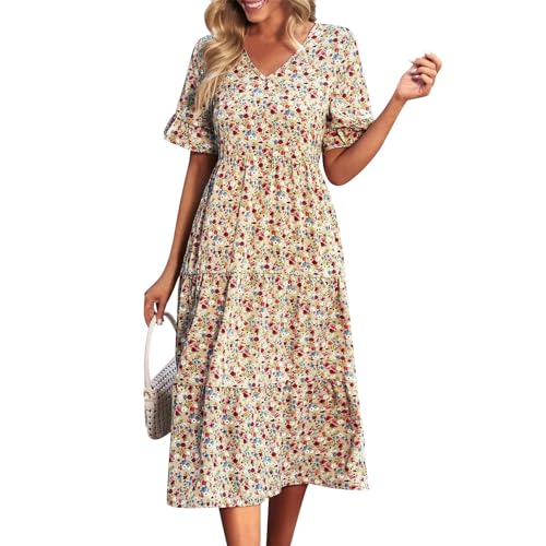 Blumenkleid Damen Lang Rüschen Midikleid Damen Elegant Kurzarm Sommerkleider Damen Leicht Und Luftig Kleider Frauen Sommer V Ausschnitt Sommerkleid A Linie Volant Kleid Geblümt Damenkleider von Generisch