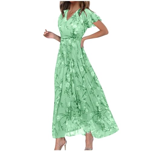 Blumenkleid für Damen, modisch, Chiffon, Sommer, lässig, Blumenmuster, V-Ausschnitt, kurzärmelig, langes Kleid, bequeme Urlaubskleidung, grün, X-Large von Generisch