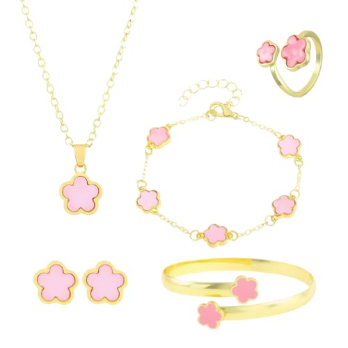 5-teiliges Schmuckset Damen mit fünfblättrigem Blumenschmuck Ohrringe Halskette Ring Armband Kinder Schmuck Set Mädchen Blumenschmuckset für Party Hochzeit Romantische Geschenke von Generisch