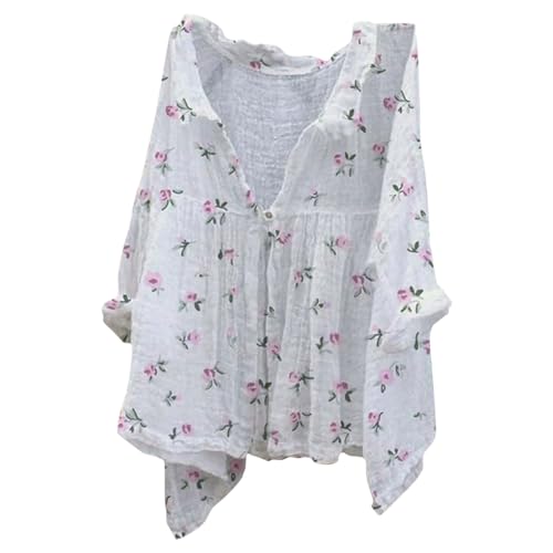 Bluse Blumen, Leinenbluse Leinen Shirt Leinenhemd Langarm Tshirt V Ausschnitt Bluse Tunika Große Größen Oberteile Sommeroberteile Sommerblusen Leicht Outlet Shop von Generisch