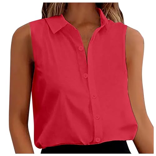Bluse Damen Ärmellos Casual Damen Tank Top Button-Down Shirts für Arbeit Büro Bügelleichtes V-Kragen Tops Einfarbig Frauen Basic Bluse Oberteil von Generisch