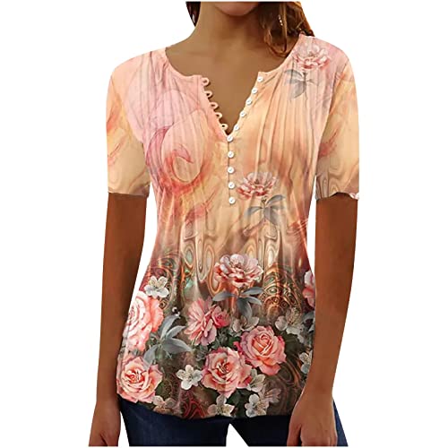 Bluse Damen Elegant V-Ausschnitt Kurzarm Tunika Tops Locker Blumen Oberteile Henley Longshirt Lässige Elegant T-Shirt Sommer Bluse Langarm Hemd von Generisch