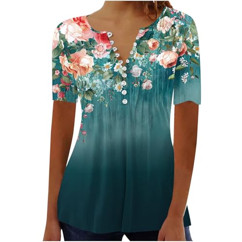 Bluse Damen Elegant V-Ausschnitt Kurzarm Tunika Tops Locker Blumen Oberteile Henley Longshirt Lässige Elegant T-Shirt Sommer Bluse Langarm Hemd von Generisch