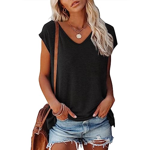 Bluse Damen Elegant ärmellose t-Shirt Crop Tops Shirt Oberteile Frauen Schwarz Kleidung Frau Sommer Shirts Top Damen V-Ausschnitte Tshirt Casual Rundhals Klamotten Teenager Mädchen von Generisch