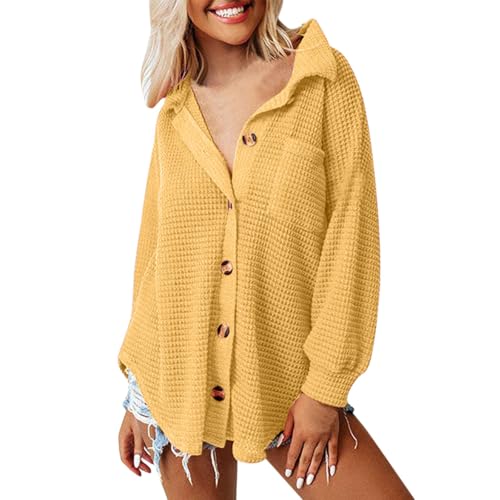 Bluse Damen Langarm Lässig Oberteile Hemd Langarmshirt Waffel Knopfleiste Oberteil Blusen Einfarbig Shirts Stehkragen Elegant Hemdjacke Locker Hemdbluse von Generisch
