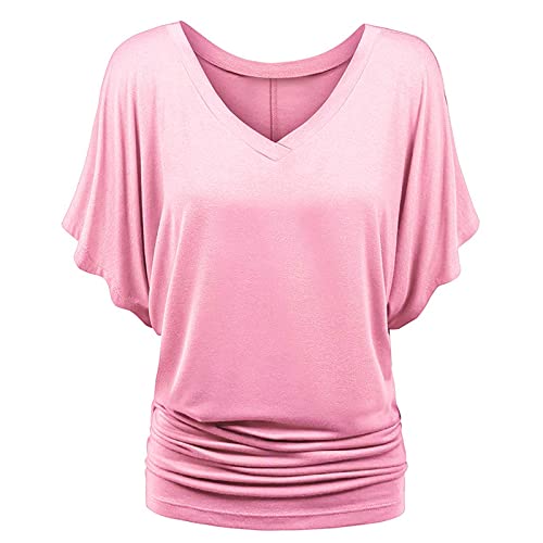 Bluse Damen Shirt Fledermaus V-Ausschnitt Blusenshirt Ruffles Kurzarm Bluse Tunika Übergröße Elegant Oberteile Locker Lässig Tops von Generisch