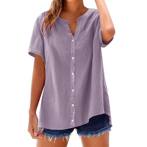 Bluse Damen Sommer - Baumwolle Leinenbluse V-Ausschnitt Button-down Hemdbluse Elegant Revers Kragen Blusehemd Einfarbig Bluse Kurzarm Basic Shirt Leinen Hemden Damen Langarm S-5xl von Generisch
