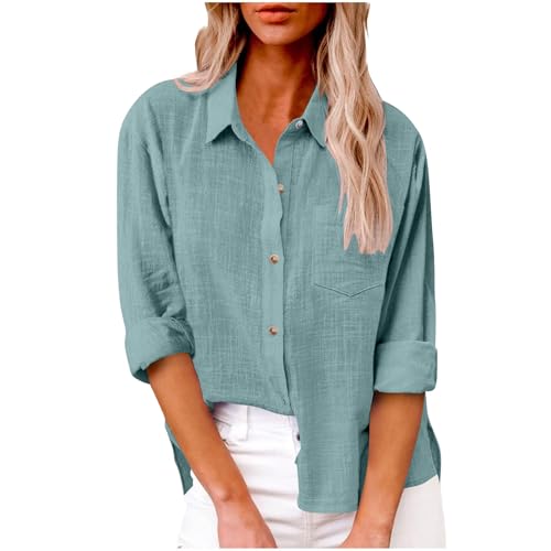 Bluse Damen Sommer Elegant Leinenbluse Einfarbig Blusenshirt Revers Modische Leinenhemd Blumendruck Oberteile Lose Pullover Top Vintage Freizeithemd T-Shirt Blusehemd Blusentop Tunika von Generisch