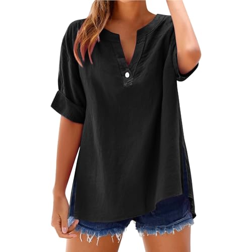 Bluse Damen Sommer Elegant V-Ausschnitt Button-down Blusen Casual Baumwolle Kurzarm Hemdbluse Basic Revers Hemd Oberteile Tunika Shirts Tops Musselin Kleid Damen S/m/l/l/l/l/3xl/4xl/5xl/6xl von Generisch