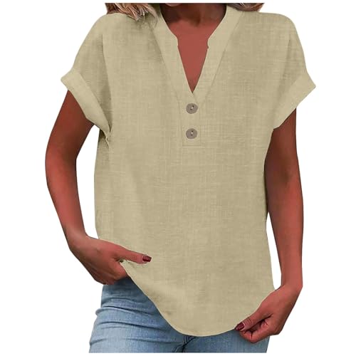 Bluse Damen Sommer Locker Baumwolle Oversized Leinenbluse Basic V-Ausschnitt Kurzarm T-Shirt Lässiges Musselin Oberteile Button Down Bequemes Elegant Modisch Licht Kurzarm Hemdbluse Tunika Top von Generisch