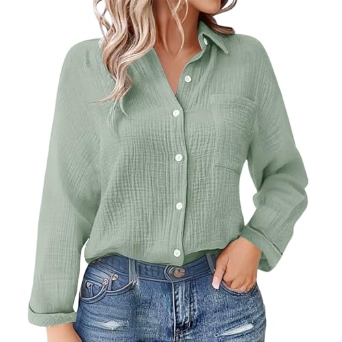 Bluse Damen Sommer Musselin Bluse Damens Langarm Lässig Hemd V Schnitt Up Ärmel Button Down Bluses Tops mit Tasche Lady (DE/NL/SE/PL, Alphanumerisch, M, Regular, Regular, Grün) von Generisch